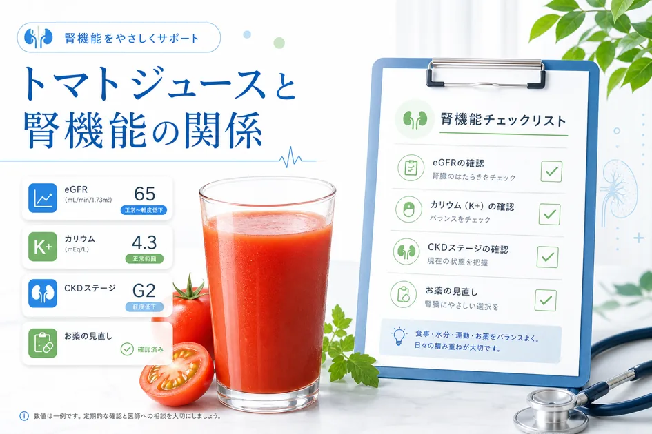 eGFR低下時にトマトジュースのカリウム量を確認するための図解