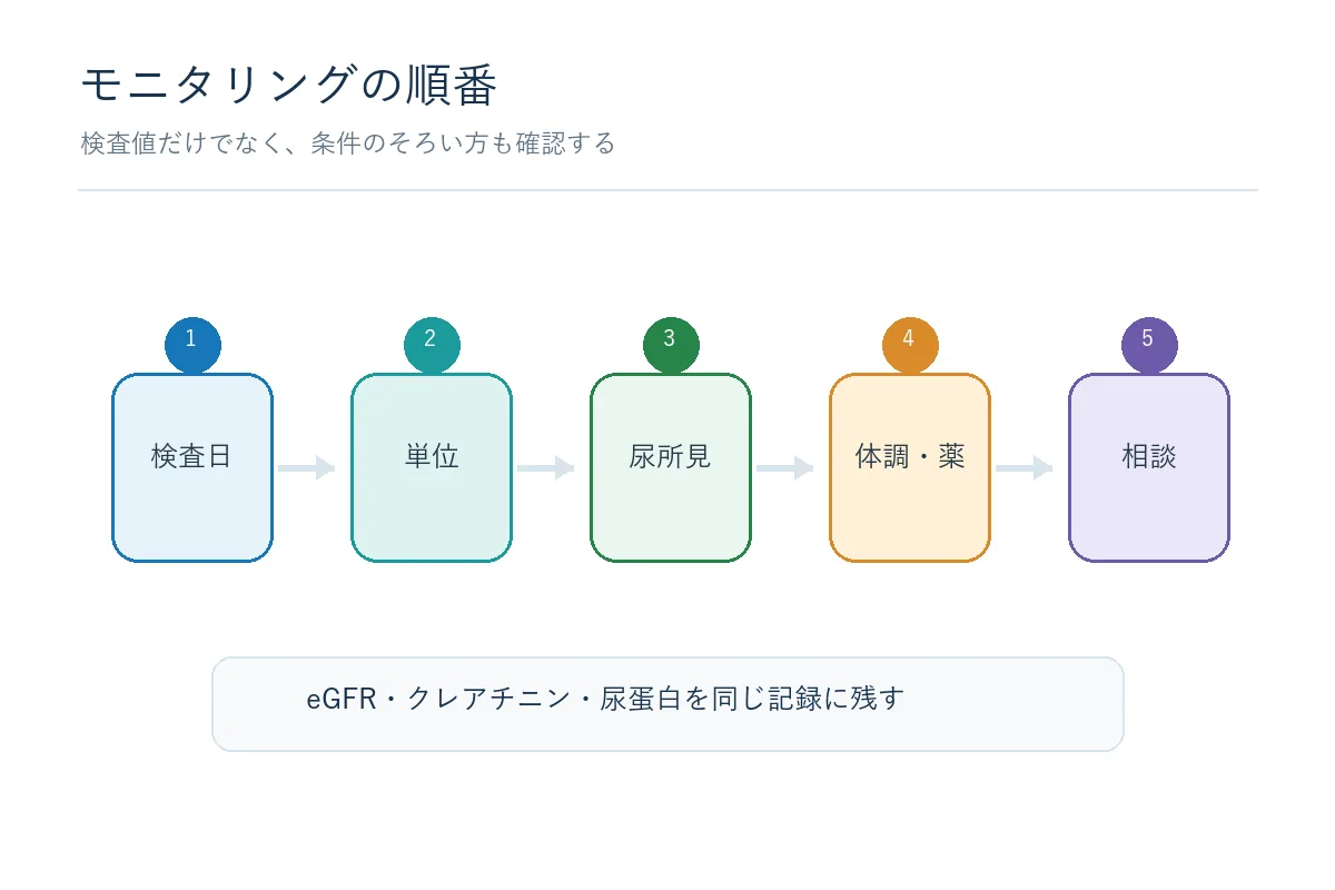 腎機能モニタリングで検査日、単位、尿所見、体調と薬剤、相談を順番に確認する図解