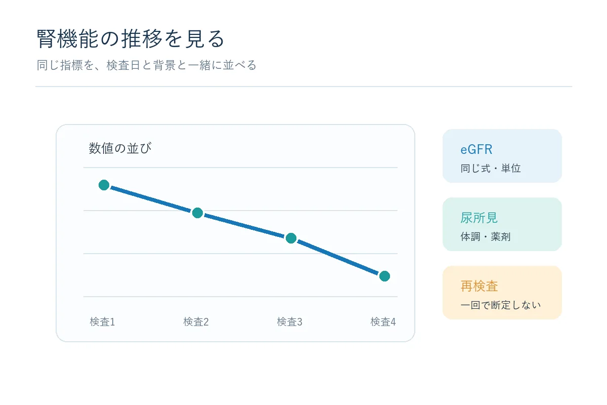 腎機能の検査値を複数回並べて推移を確認する中性の医学図解