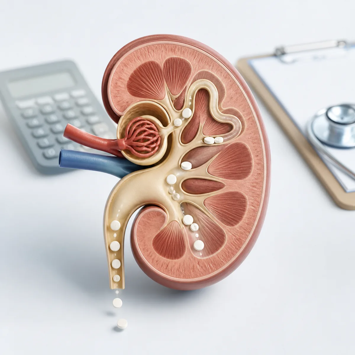 腎臓のろ過経路と薬剤の腎排泄を示す中性の医学イラスト